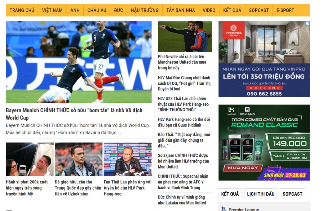 Thiết kế website tin tức bóng đá